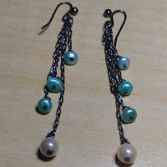 Teal & White Beaded Dangle Chain Earrings : 2 1/4" long - Picture 9 of 9